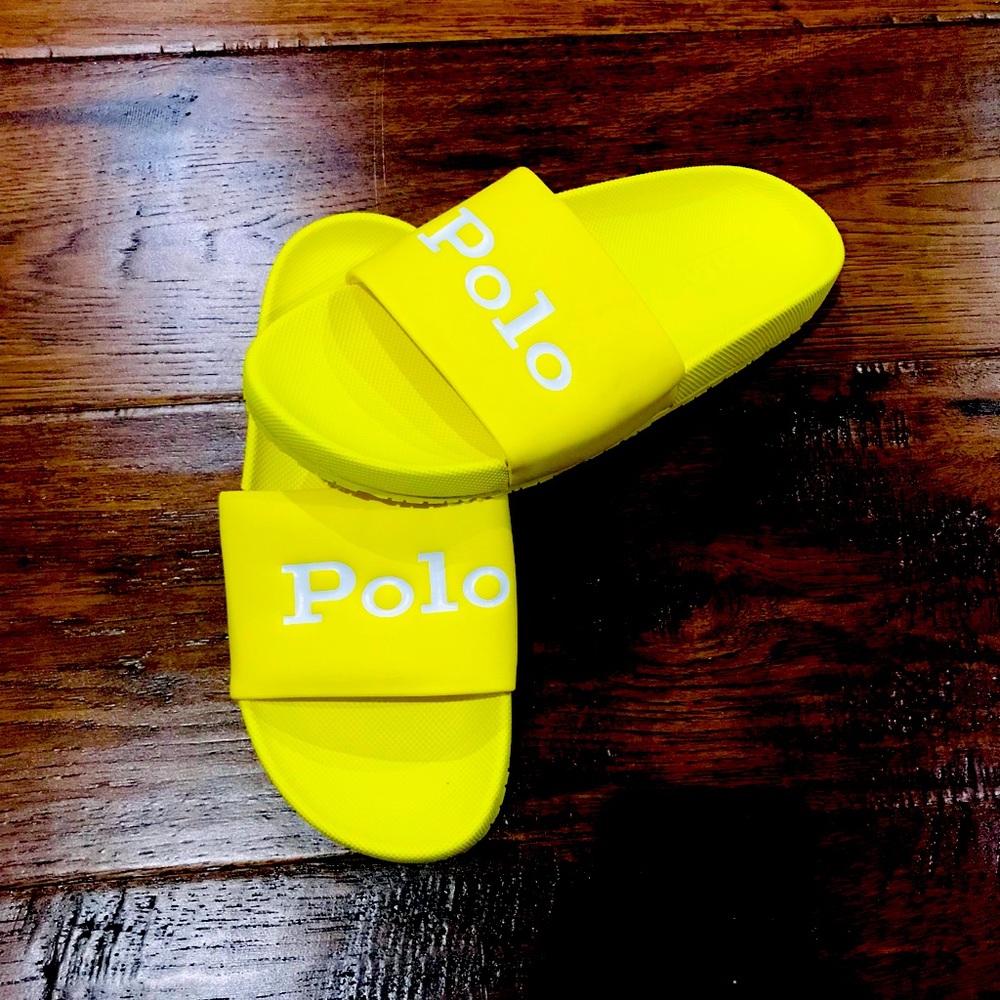 Polo Ralph Lauren Unisex "Polo Spellout" Cayson Slides in Yellow & White size 9B